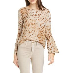 L’Agence Dylan Beige Ocelot Animal Print Silk Long Bell Sleeve Blouse Size XS